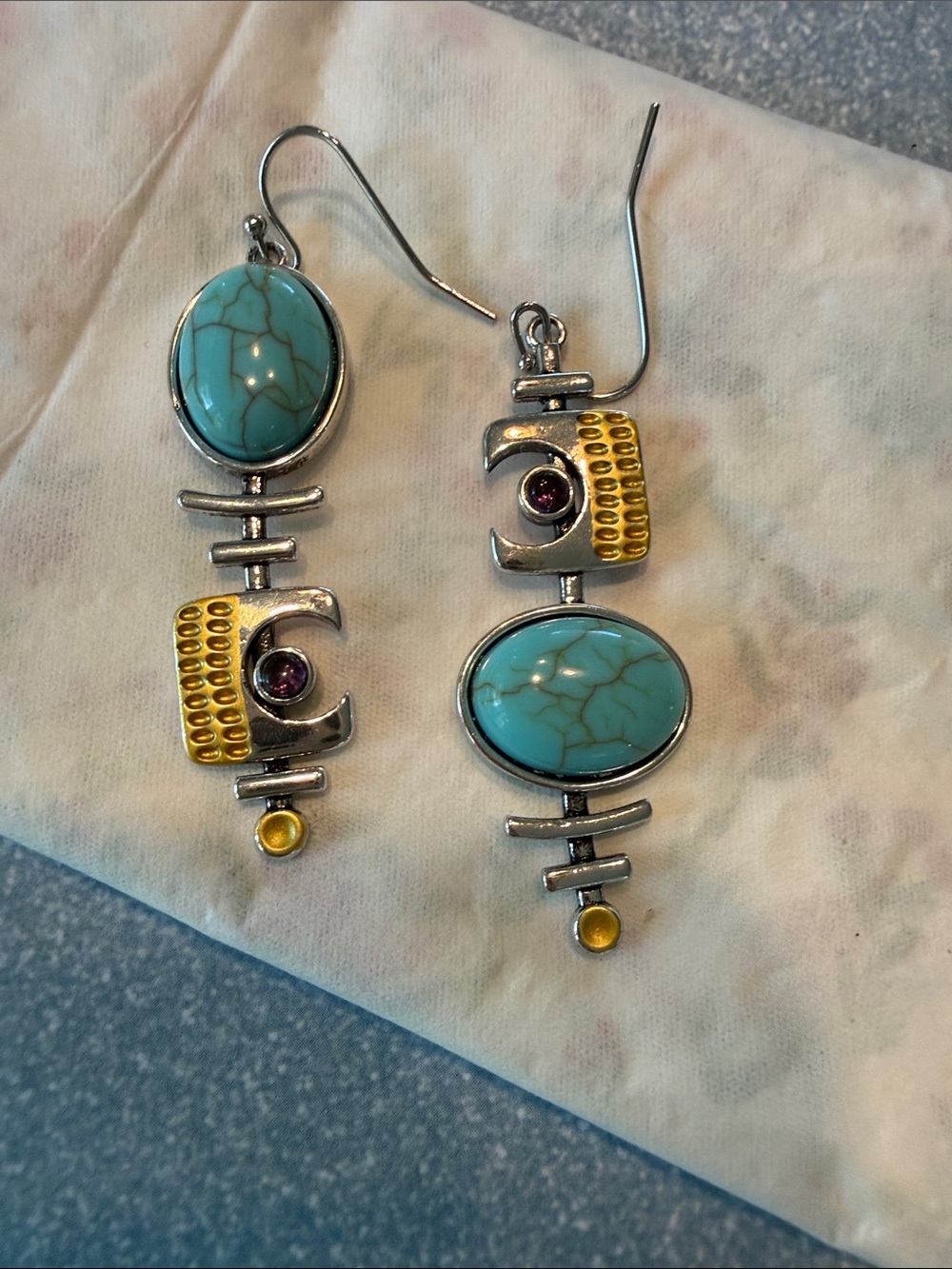 Turquoise, silver, and gold earrings